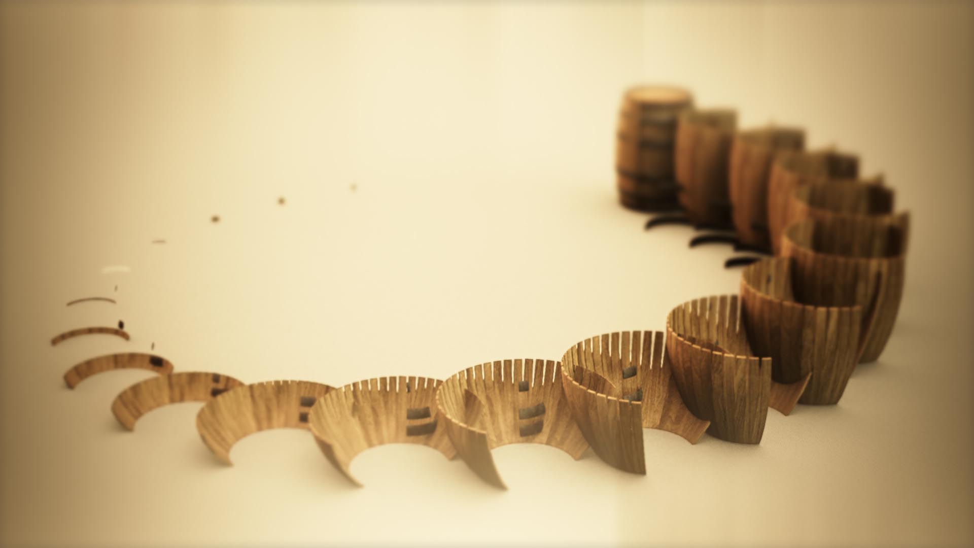 3D animation of wooden barrels forming a structure