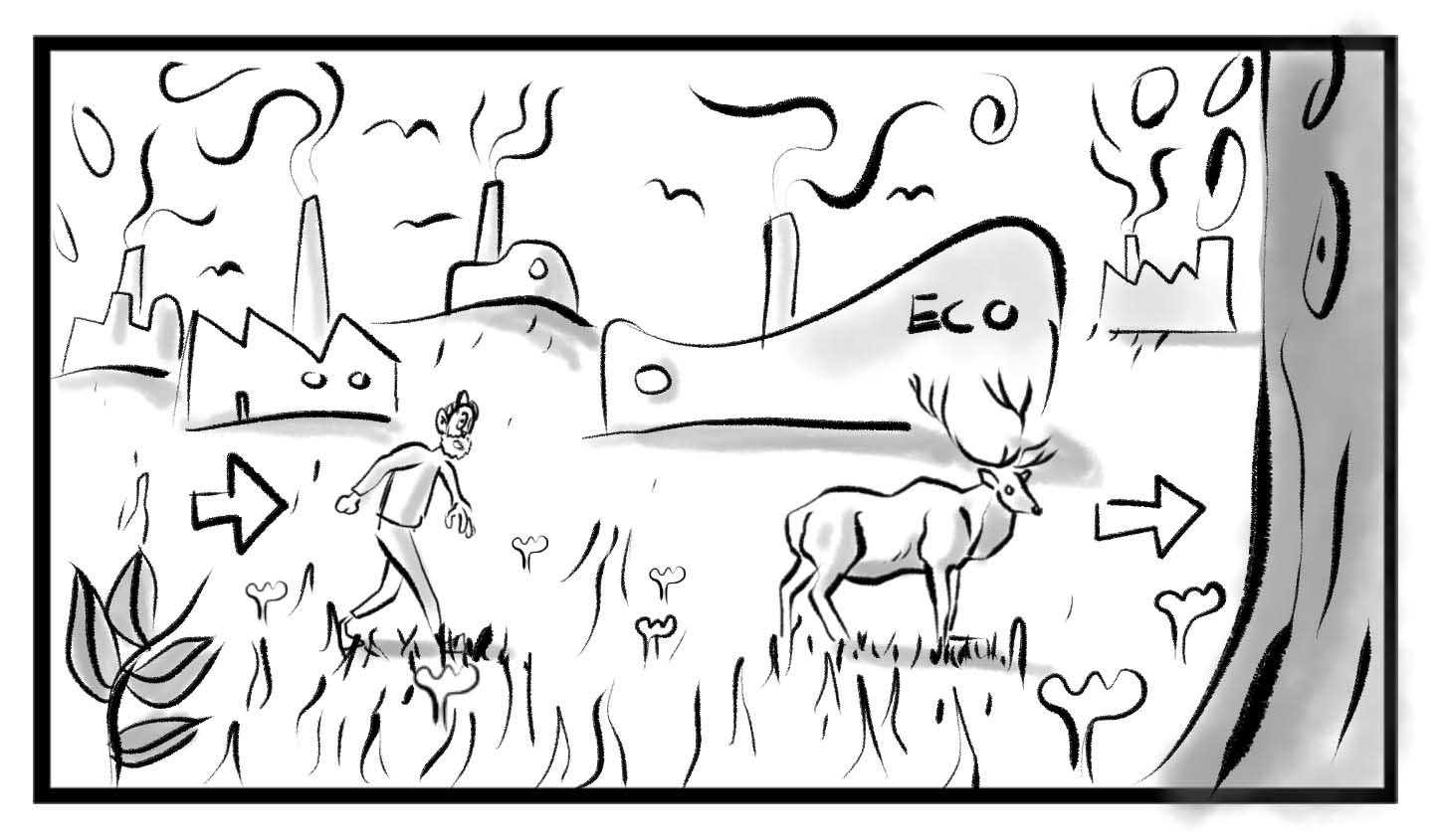 Storyboard artwork of a man following an elk