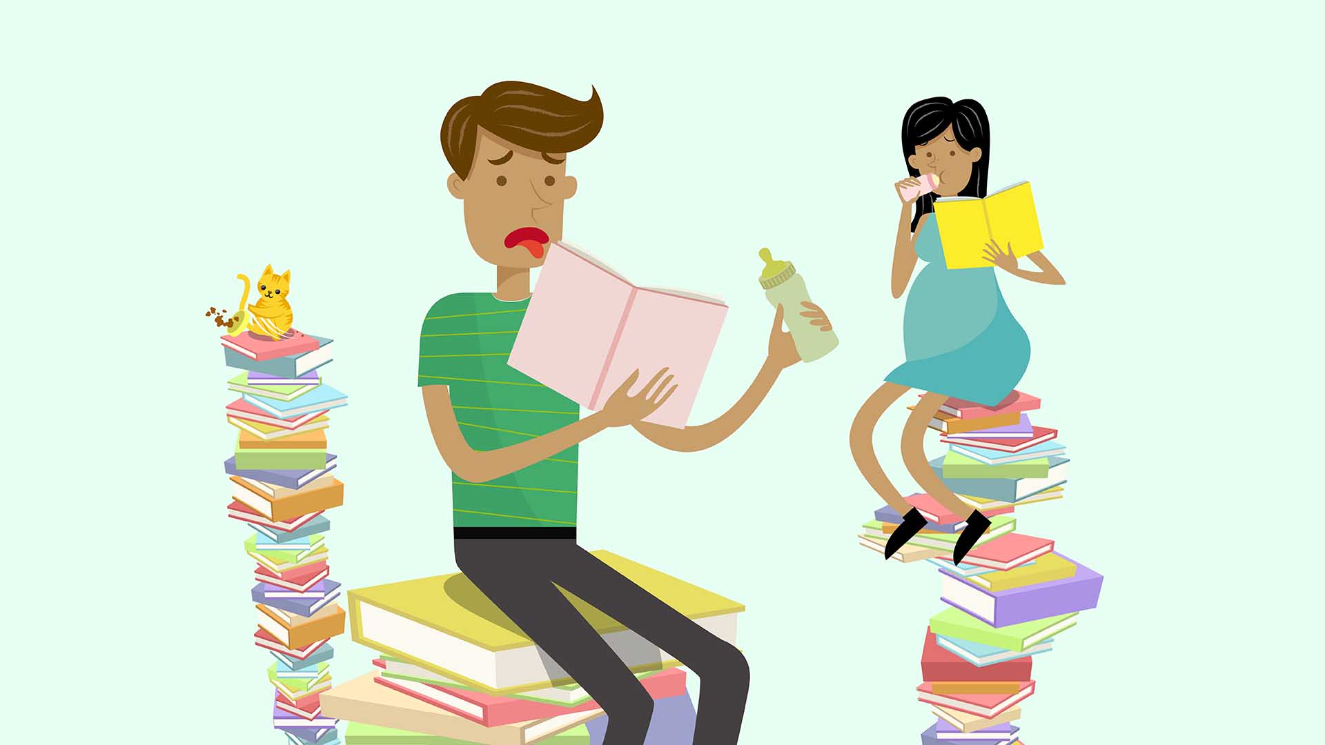 2D animated parents to be atop a pile of books.