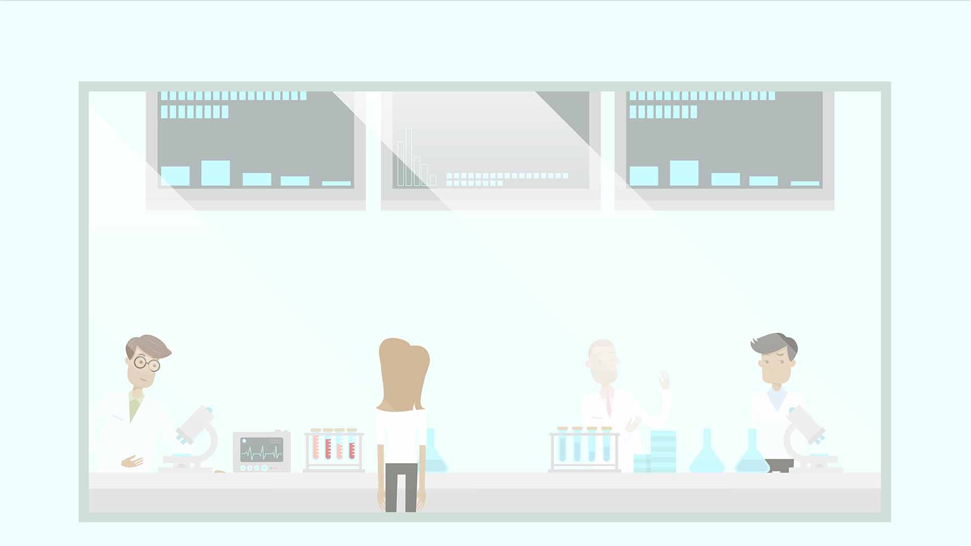 2D animated scientists in a lab