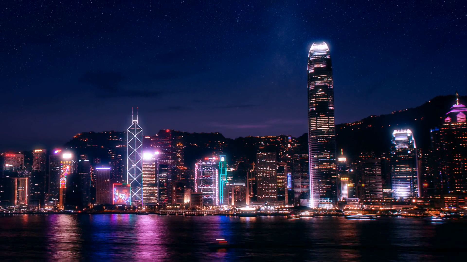 The Hong Kong skyline lights up the night.