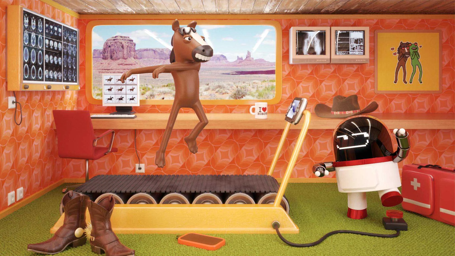 3D animation of a robot training a horse character on a treadmill