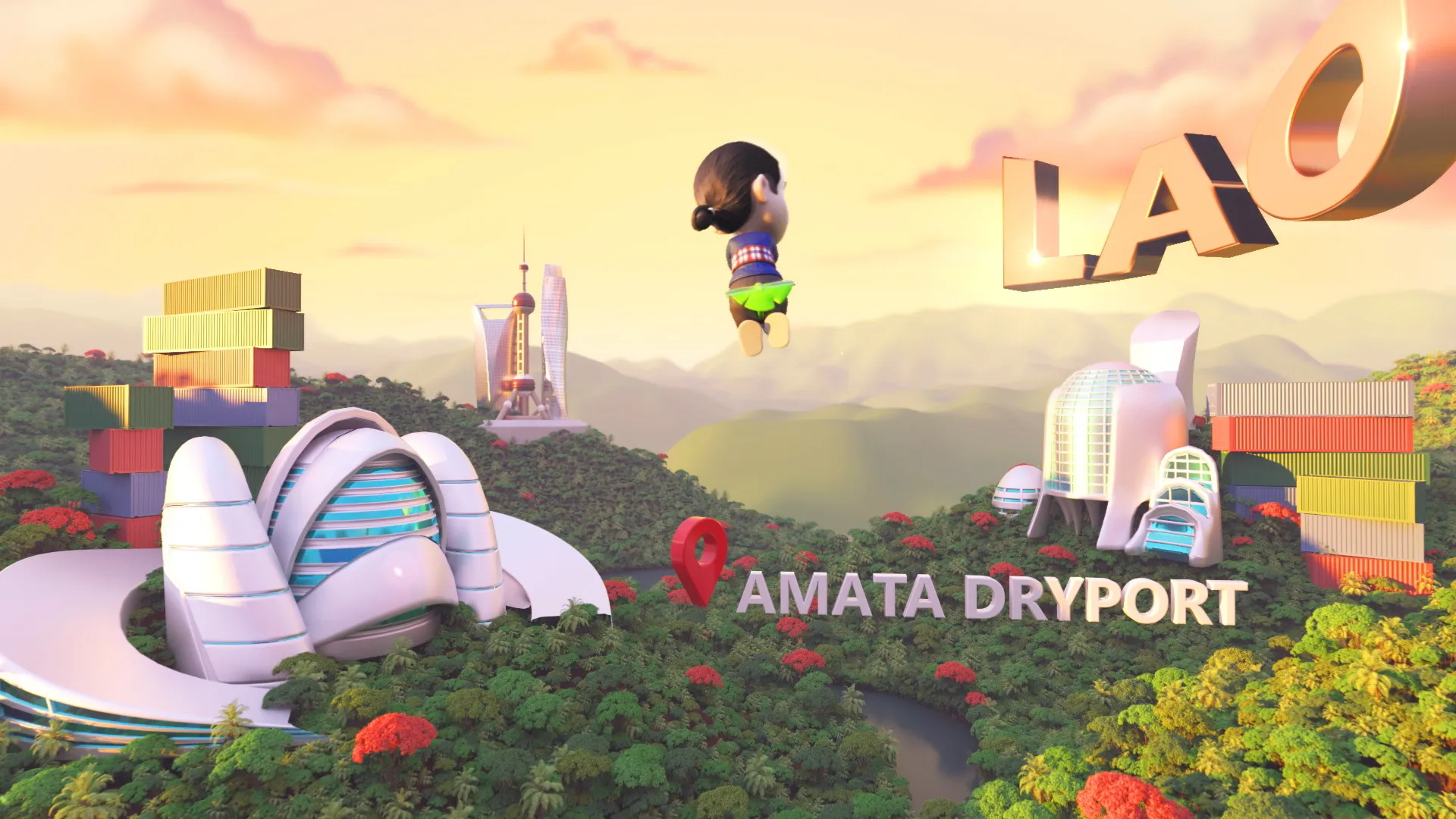 Laos dryport 3D jungle render