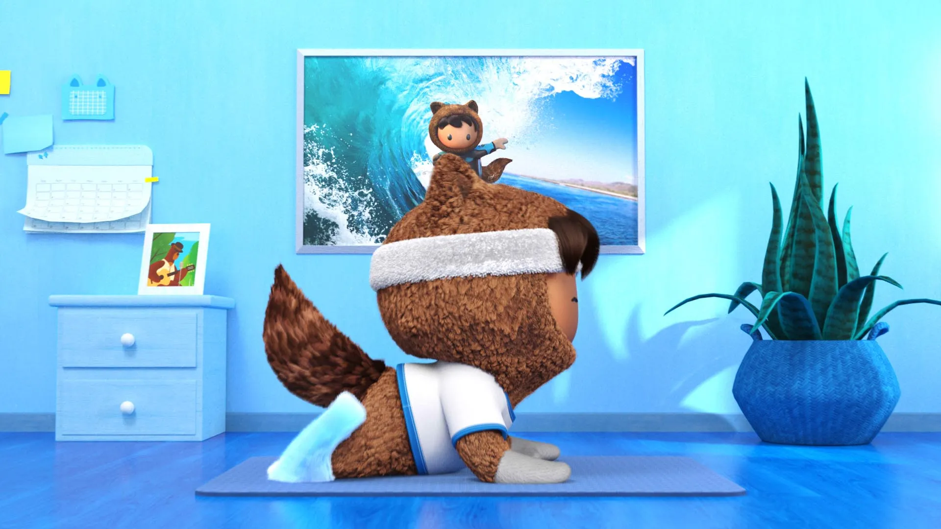 Astro doing yoga in living room