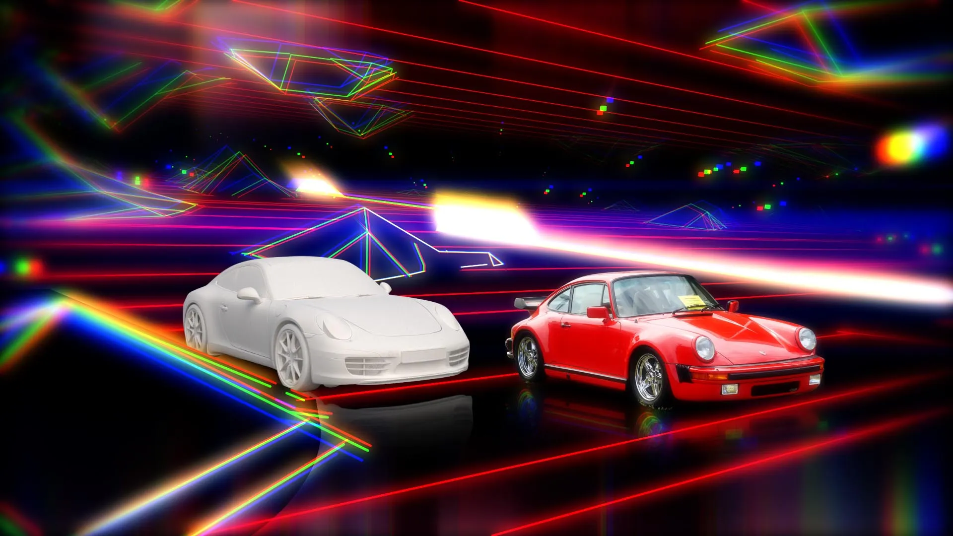 A 3D model of a Porsche next to a real Porsche from the 80's