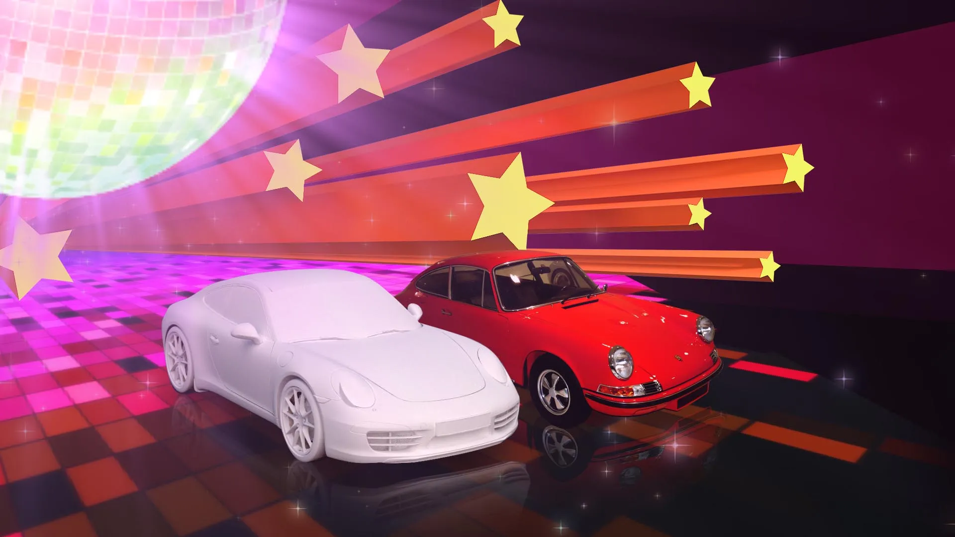 A 3D model of a Porsche next to a real Porsche from the 70's