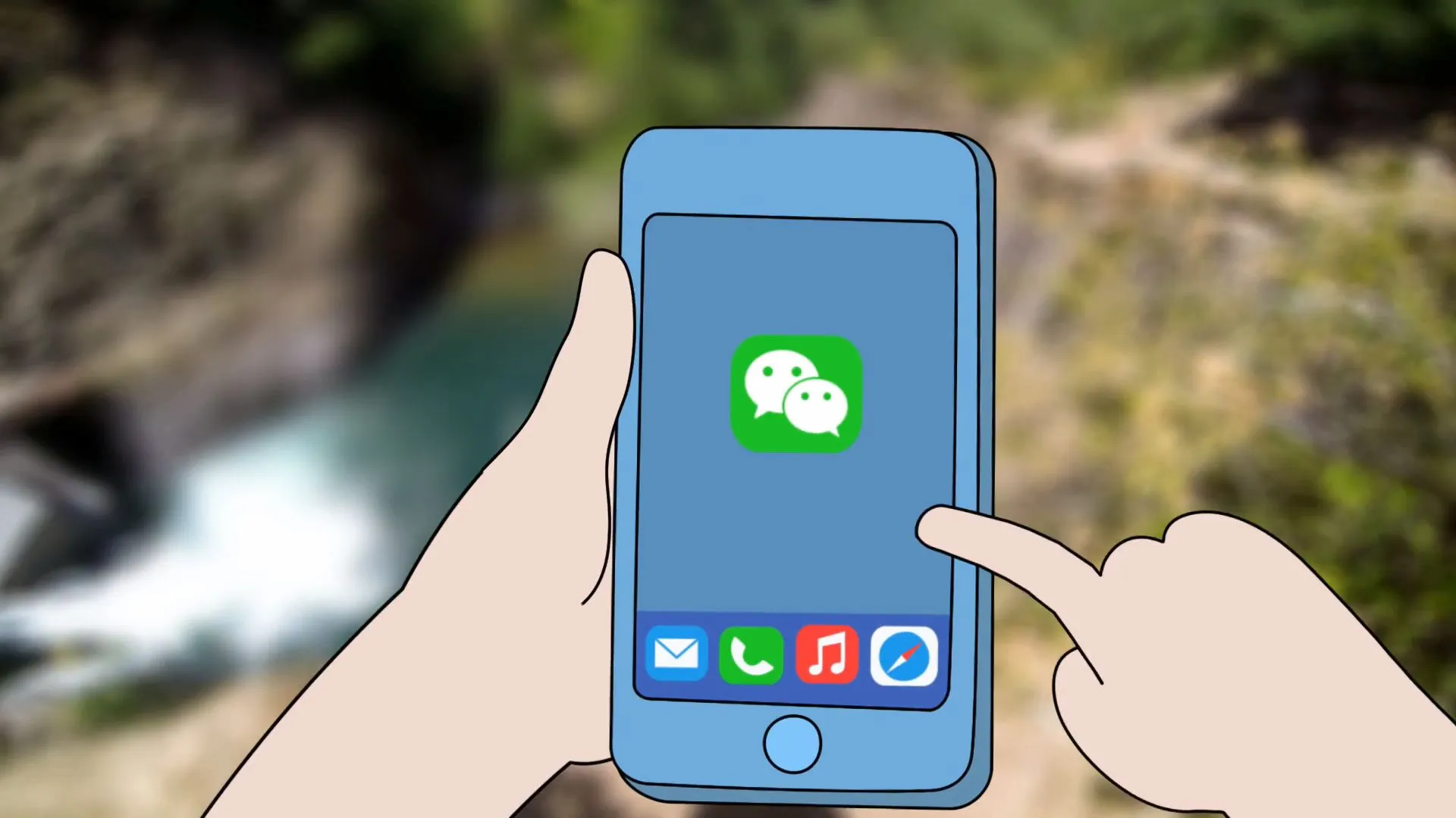 A 2D animated phone capturing a live-action video while cliff jumping