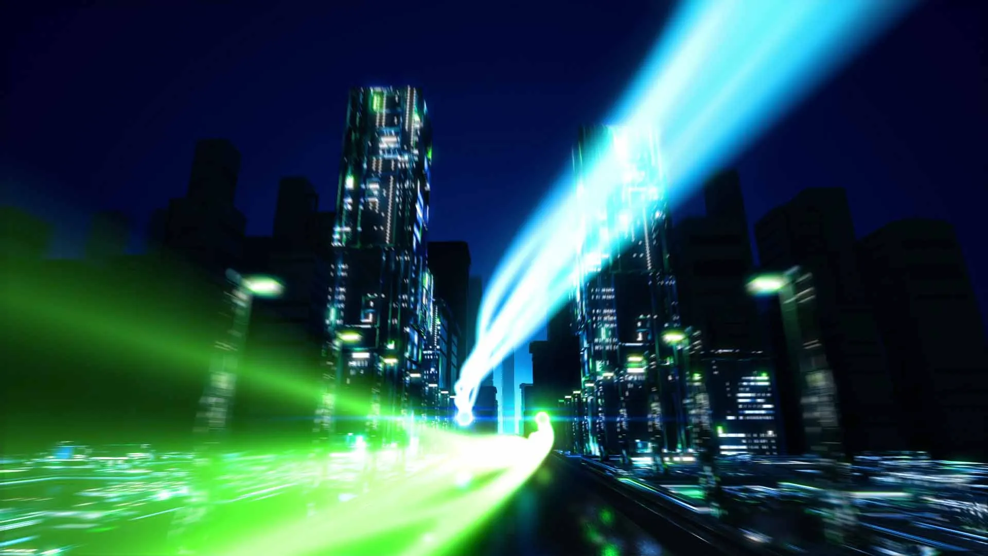 Two animated glowing spheres with light trails fly through a futuristic city