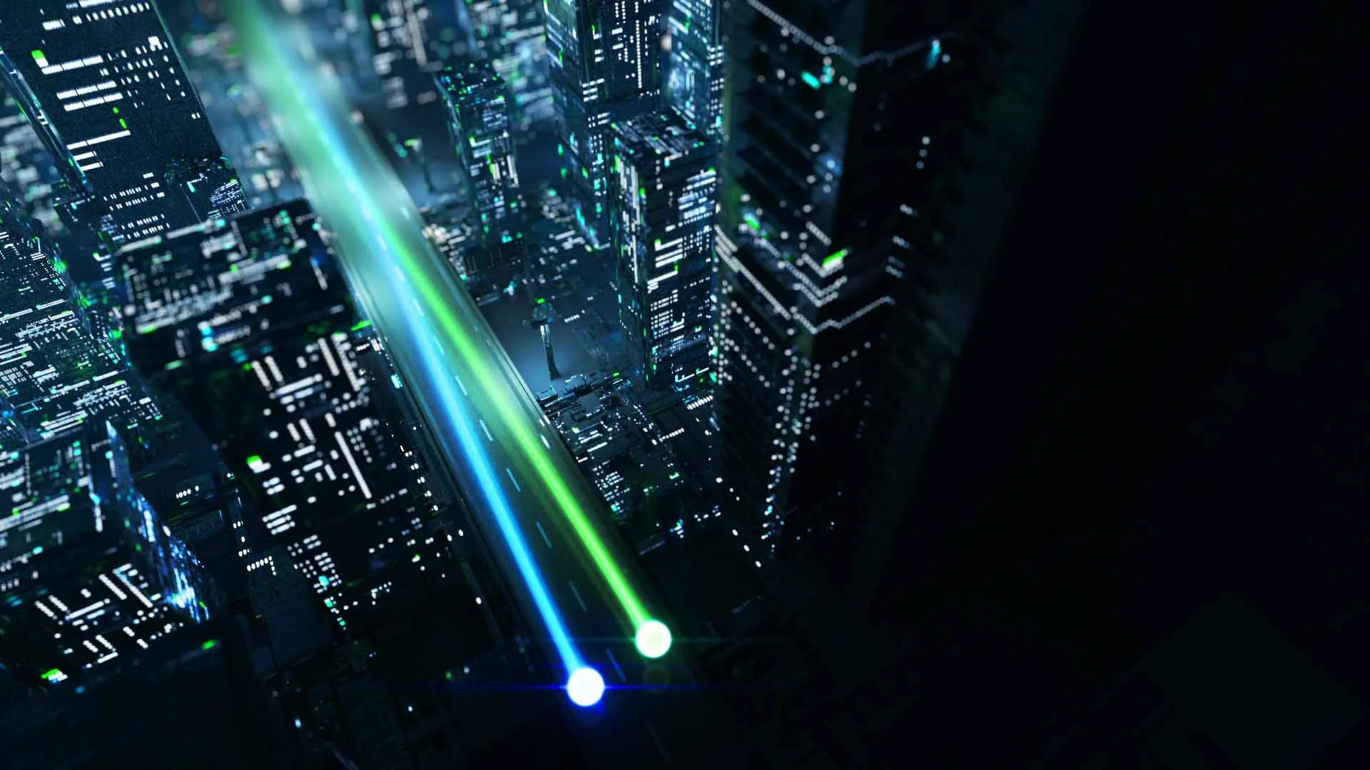 Two animated glowing spheres light up a futristic city