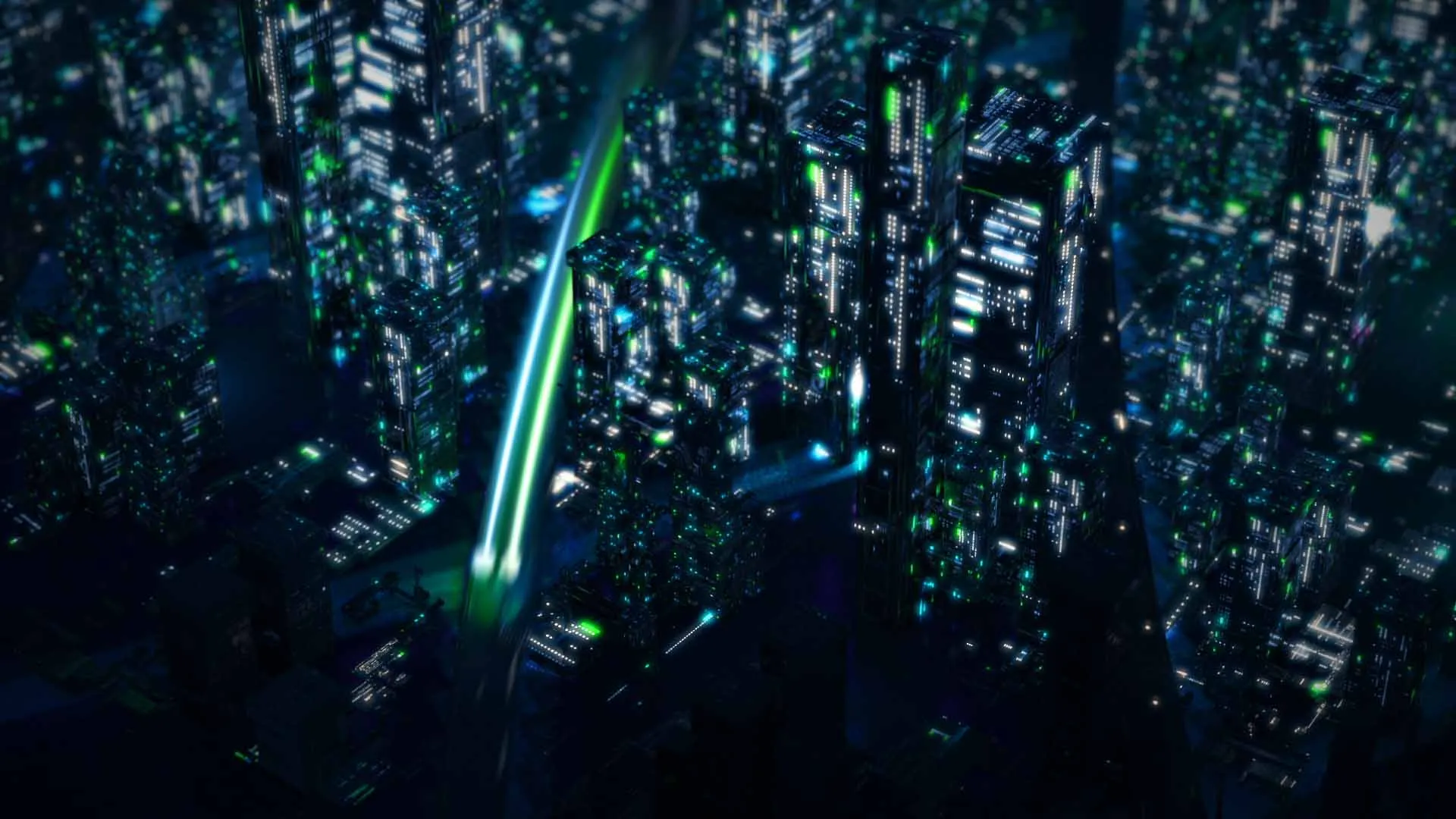 Two animated spheres with light trails fly through a futuristic city