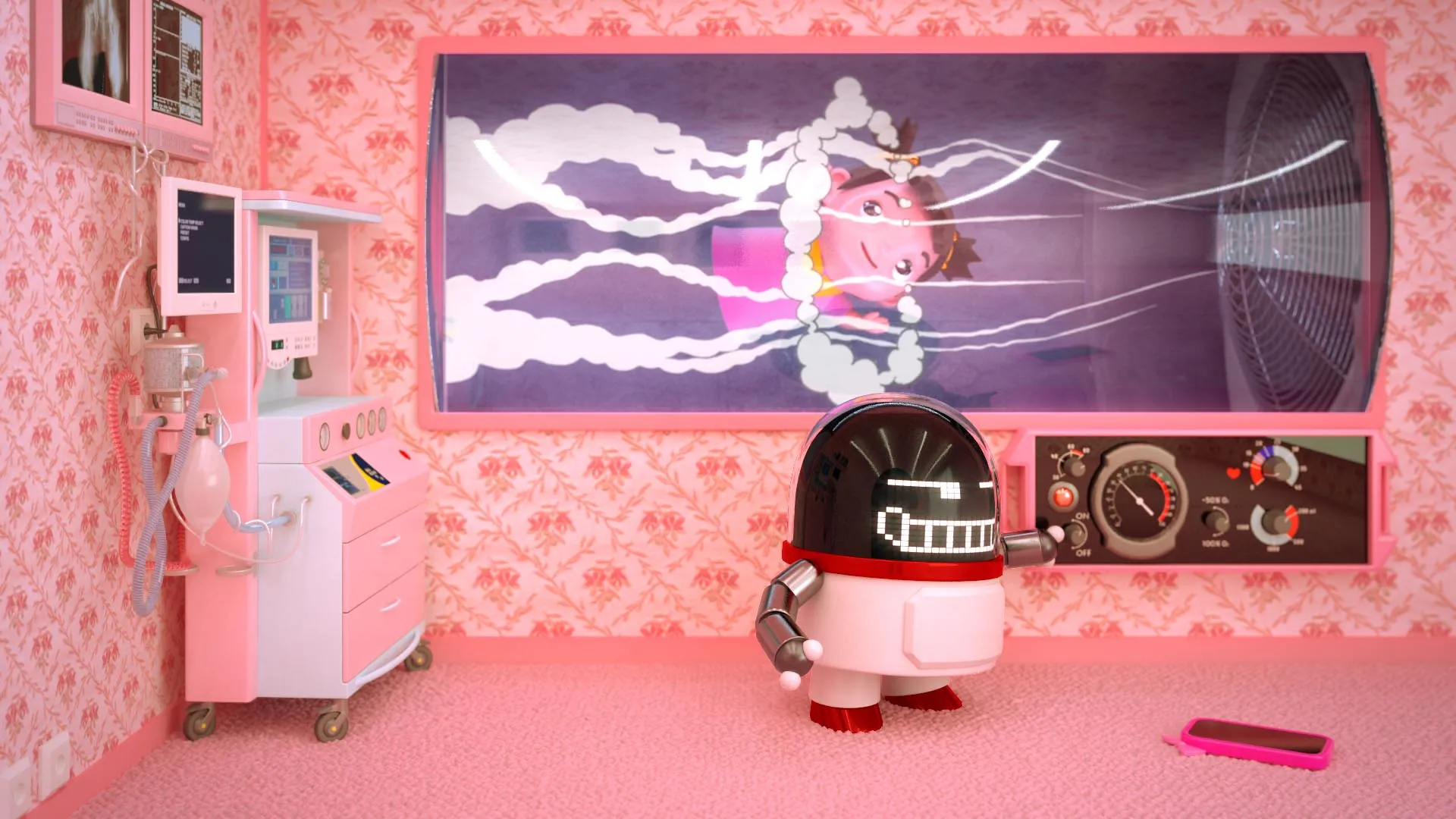 3D animation of robot training a girl character for a race