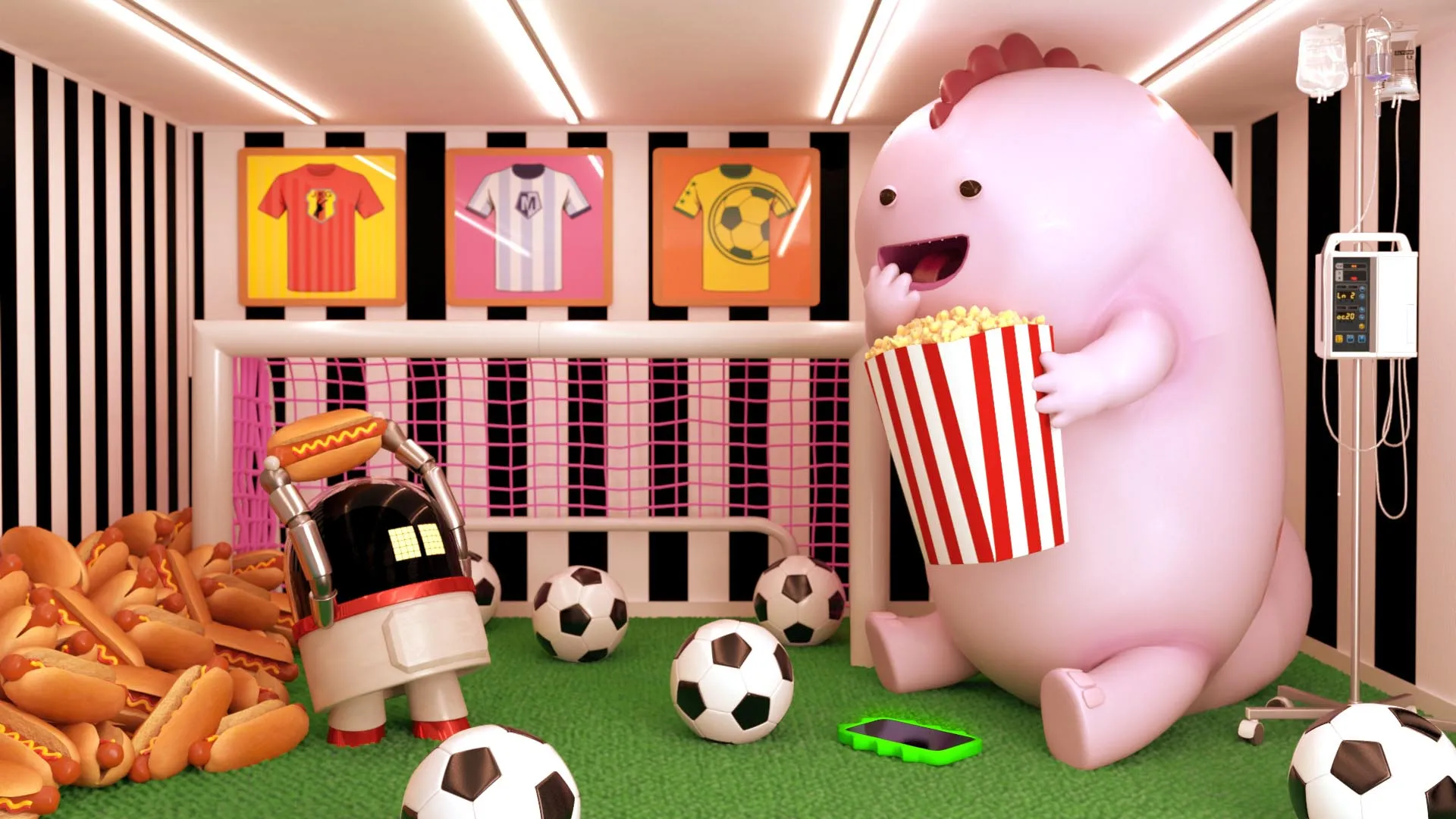 The final 3D design for a scene with a robot feeding hotdogs to a monster