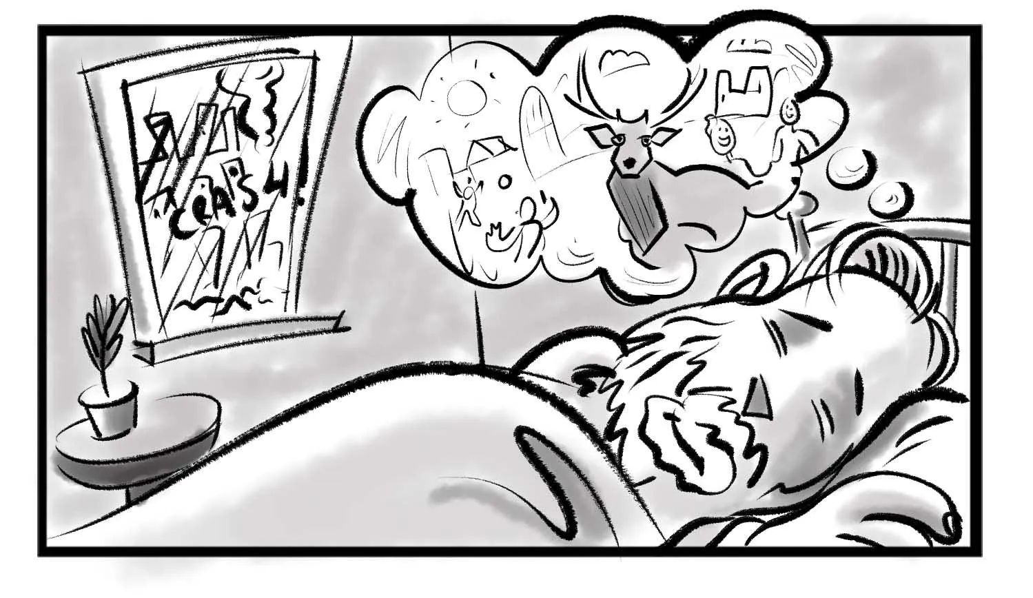 Storyboard artwork from the dream scene
