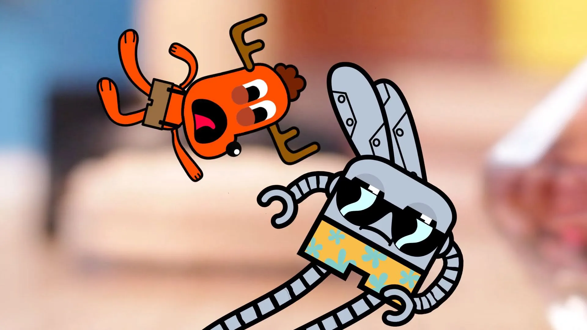 An animated moose character flying past a robotic bunny.
