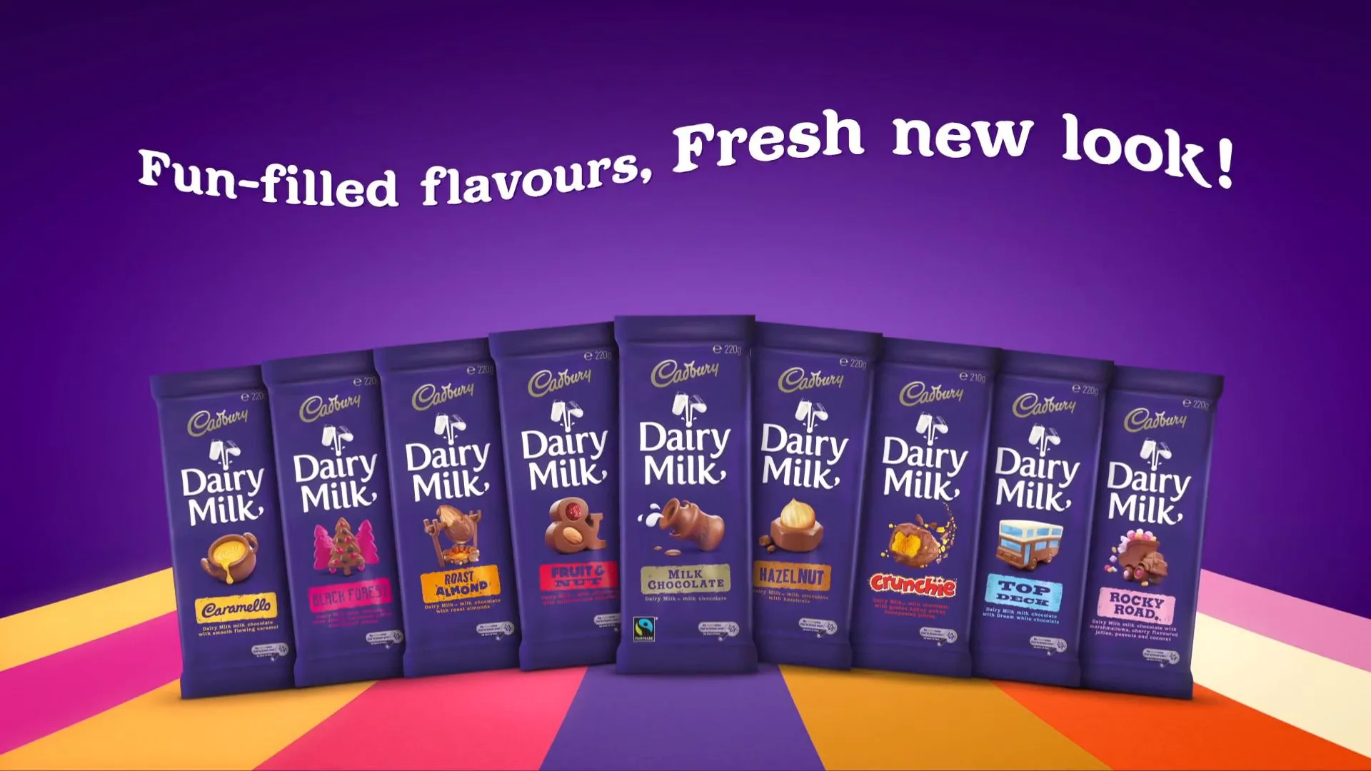 3D animated shot of full range of Cadbury chocolate bars