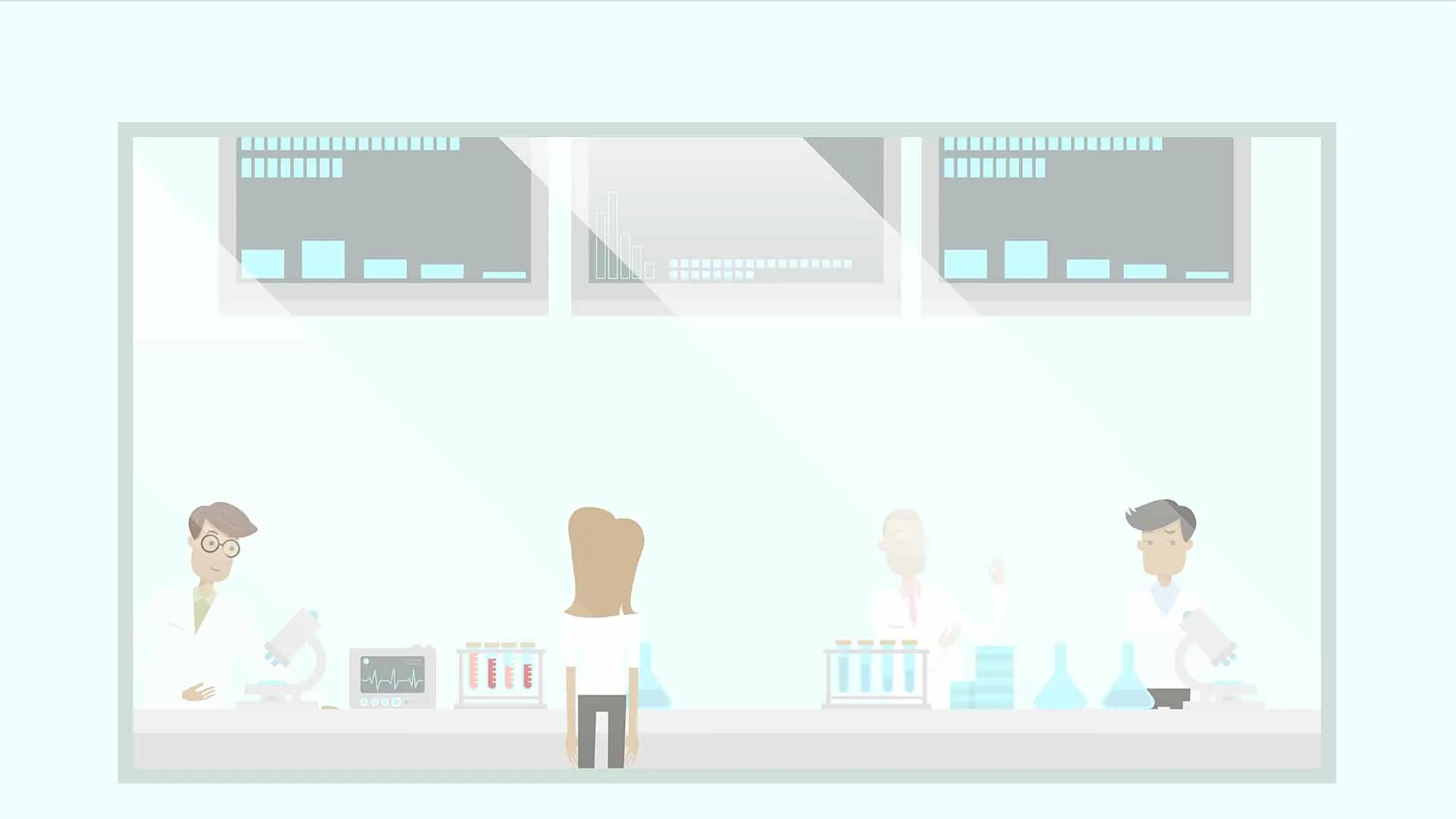 2D animated scientists in a lab