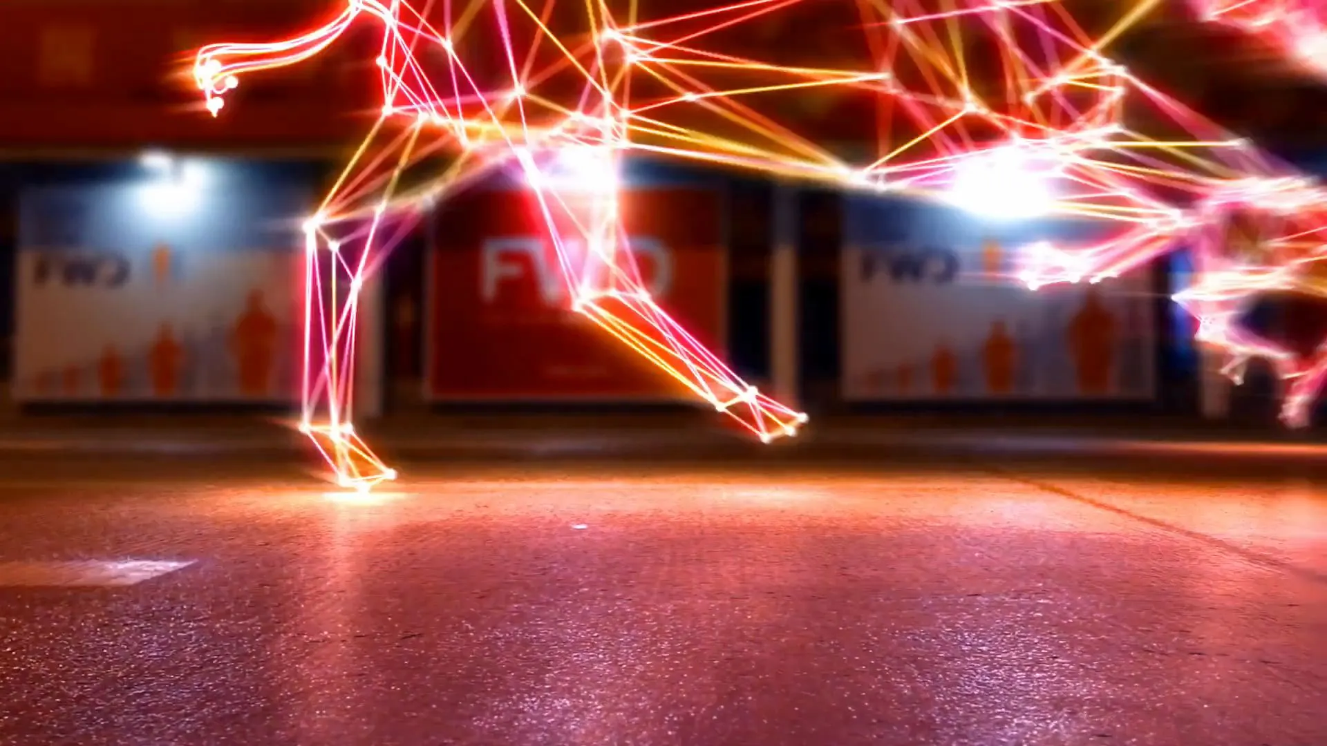 An animated horse runs along a Hong Kong street at night.
