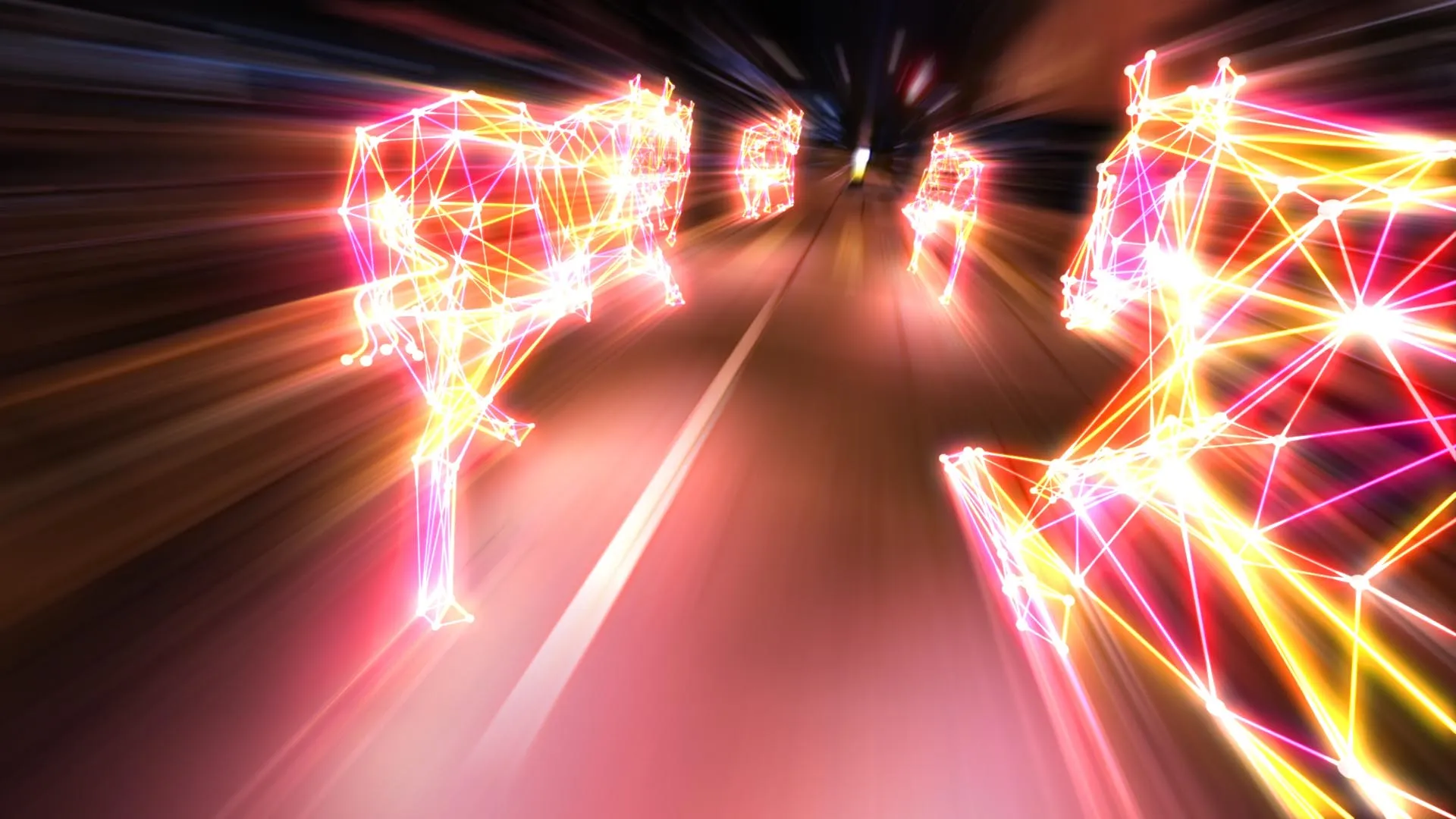 A man rides his bike through a Hong Kong street, animated shapes whiz by.